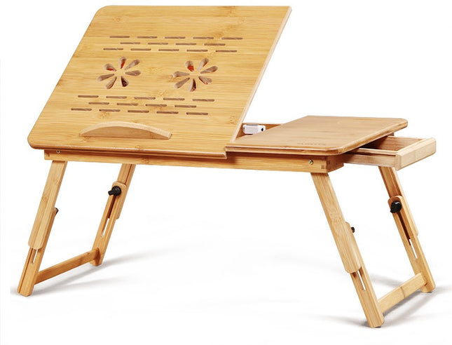 Wooden Foldable Laptop Table with Two USB Cooling Fan and Side Drawer, Adjustable Portable